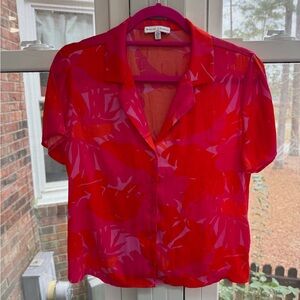 Maison d’Amelie Vibrant Red and Pink Button-down Cropped Blouse Sz S